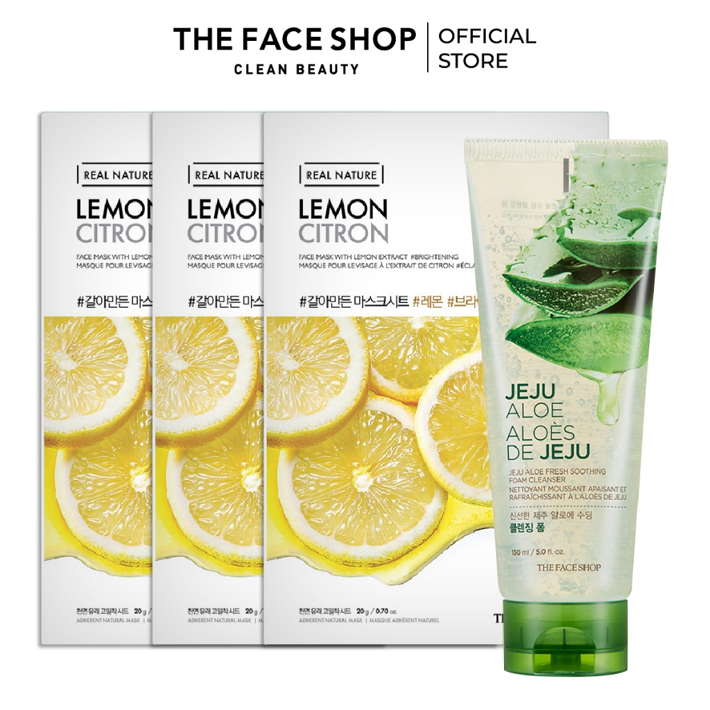 Combo Sữa Rửa Mặt Làm Mềm Da THE FACE SHOP Jeju Aloe 150ml & 3 Mặt Nạ Chanh 20g