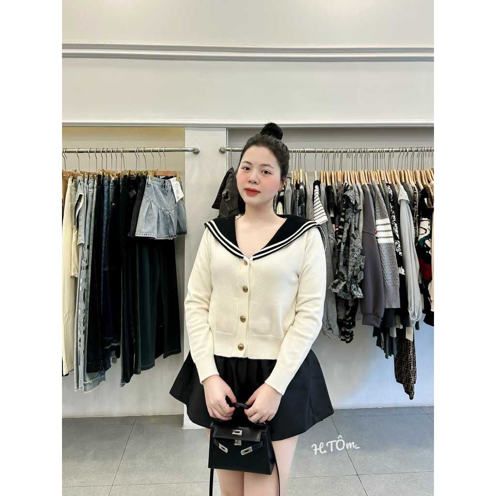 Áo cadigan dài tay phối cổ thủy thủ cúc đồng hàng QCL1