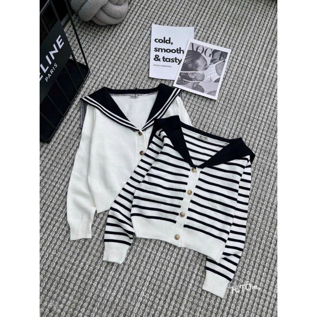 Áo cadigan dài tay phối cổ thủy thủ cúc đồng hàng QCL1