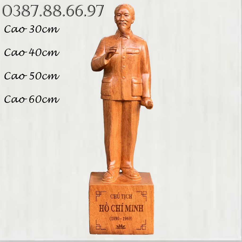 Tượng bác hồ chí minh chủ tịch nước vĩ đại cao từ 30cm đến 60cm chất liệu gỗ hương