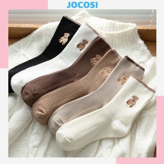 Tất nam nữ cổ cao họa tiết gấu dễ thương cute , Vớ nữ chất liệu cotton co giãn bốn chiều chống hôi chân JOCOSI T12