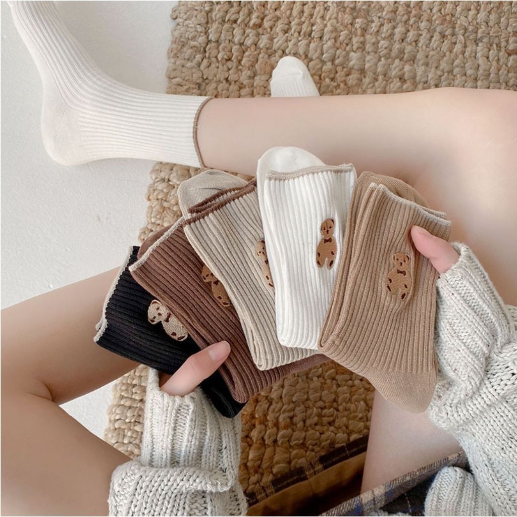Tất nam nữ cổ cao họa tiết gấu dễ thương cute , Vớ nữ chất liệu cotton co giãn bốn chiều chống hôi chân JOCOSI T12