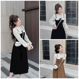 Váy đầm nữ thu đông chất nhung tăm phối tay dài giả túi kiểu thanh lịch nhẹ nhàng