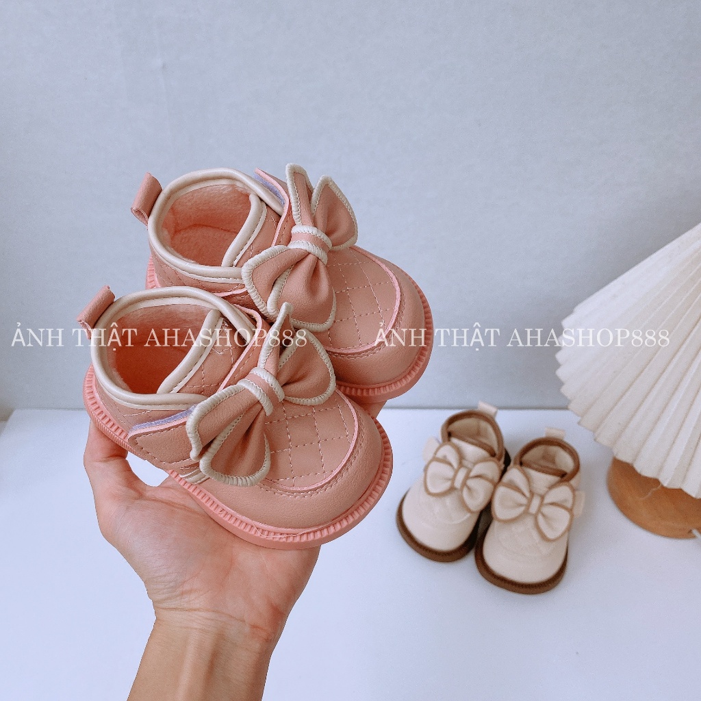 Sz16-20 Bốt Lót Lông Phối Nơ Khóa Dán Cho Bé Gái 0-2 tuổi K179