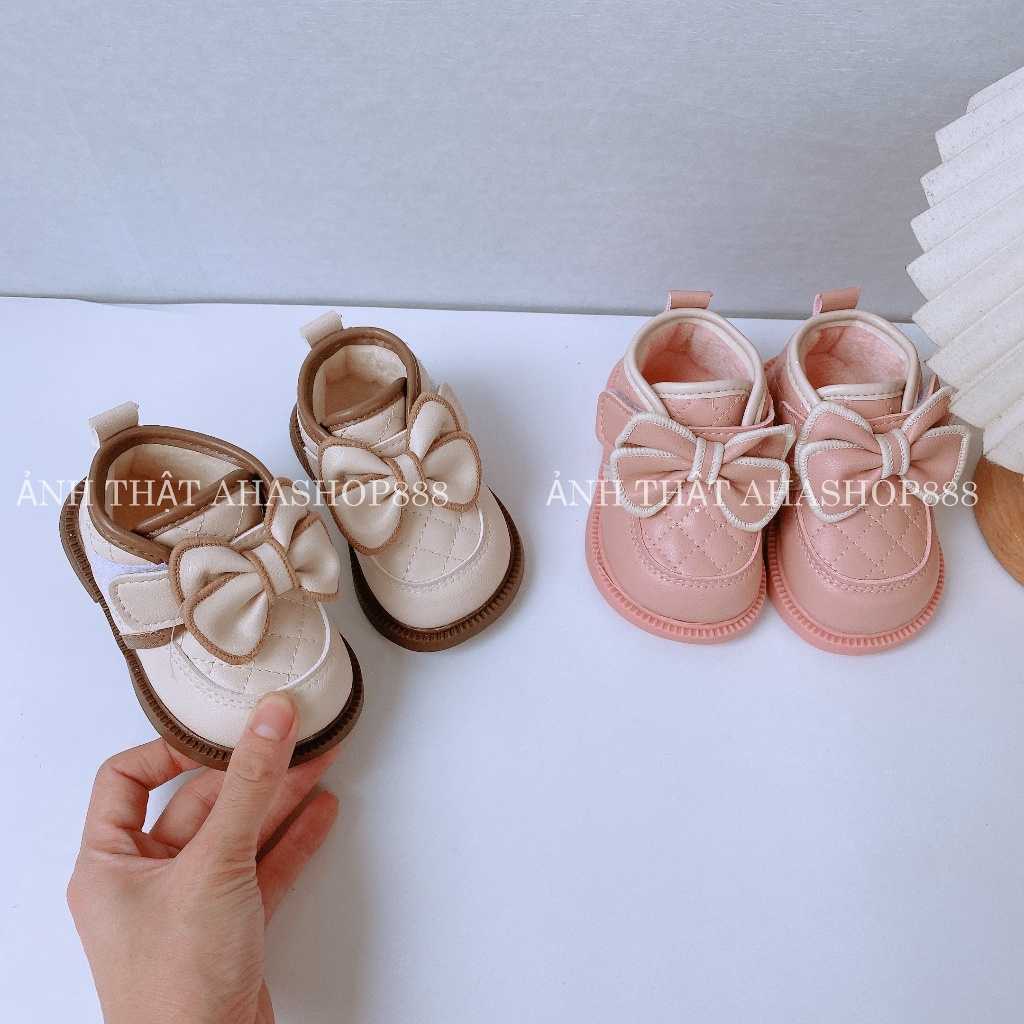 Sz16-20 Bốt Lót Lông Phối Nơ Khóa Dán Cho Bé Gái 0-2 tuổi K179