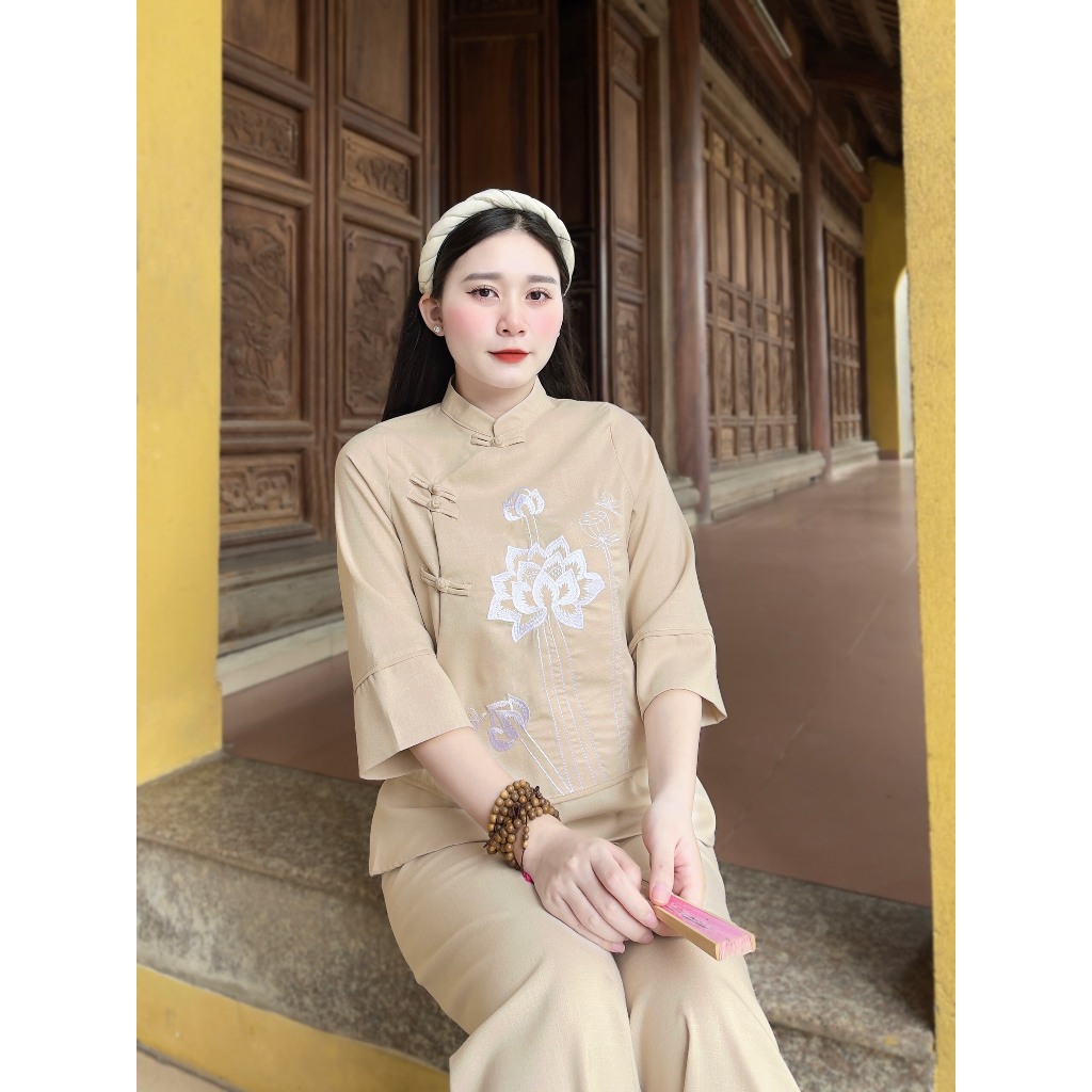 Đồ lam đi chùa nữ cổ tàu tay lỡ thêu hoa sen có cỡ lớn mã KH0041