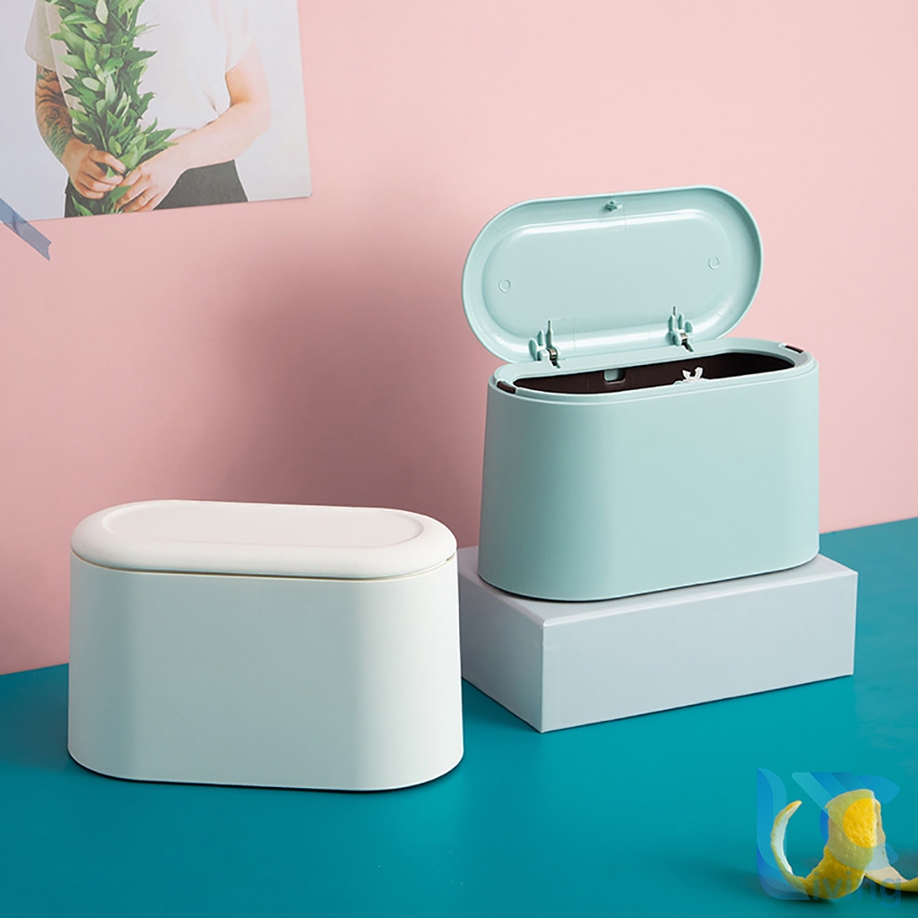 Thùng rác để bàn có nắp mini nhỏ gọn decor dễ thương LIVING C, Hộp Đựng Rác Để Bàn Hình Bầu Dục