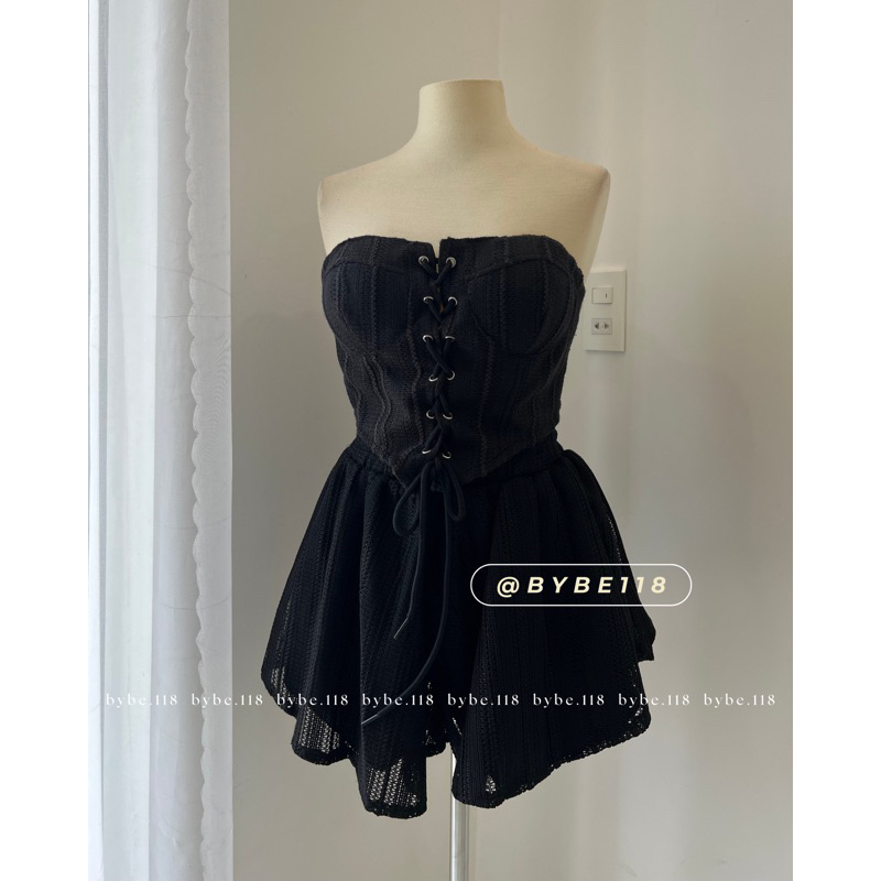 Set croptop ống đan dây ngực + short váy