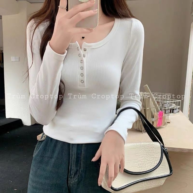 Áo croptop thun tay dài nút bấm chất len tăm ba màu đen trắng xám ôm body phong cách hàn quốc dành cho nữ dưới 53kg