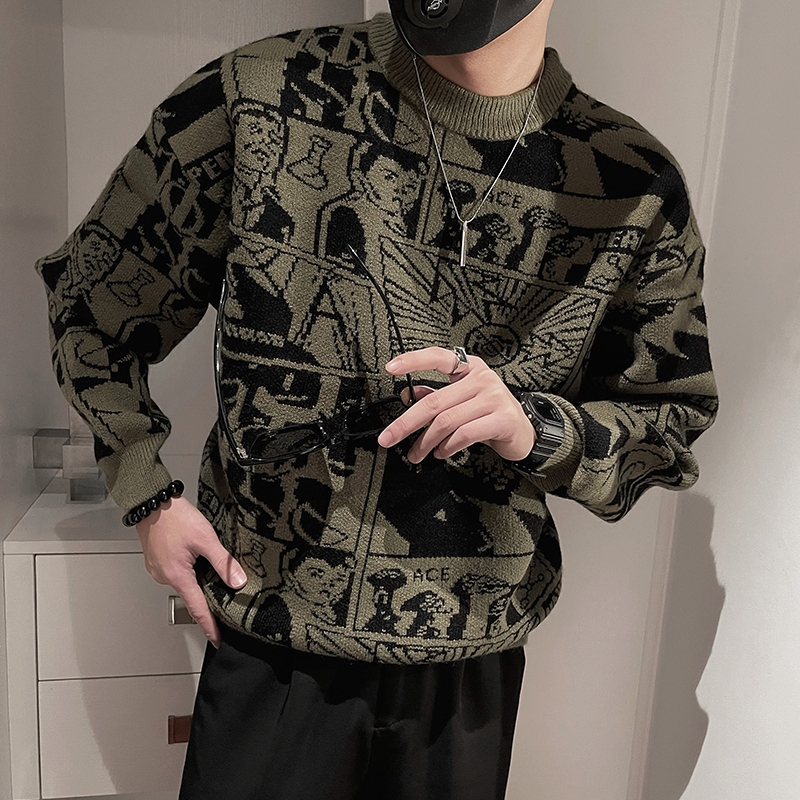 Áo Len Nam Họa Tiết Cổ Tròn Dáng Rộng Phong Cách Thời Trang