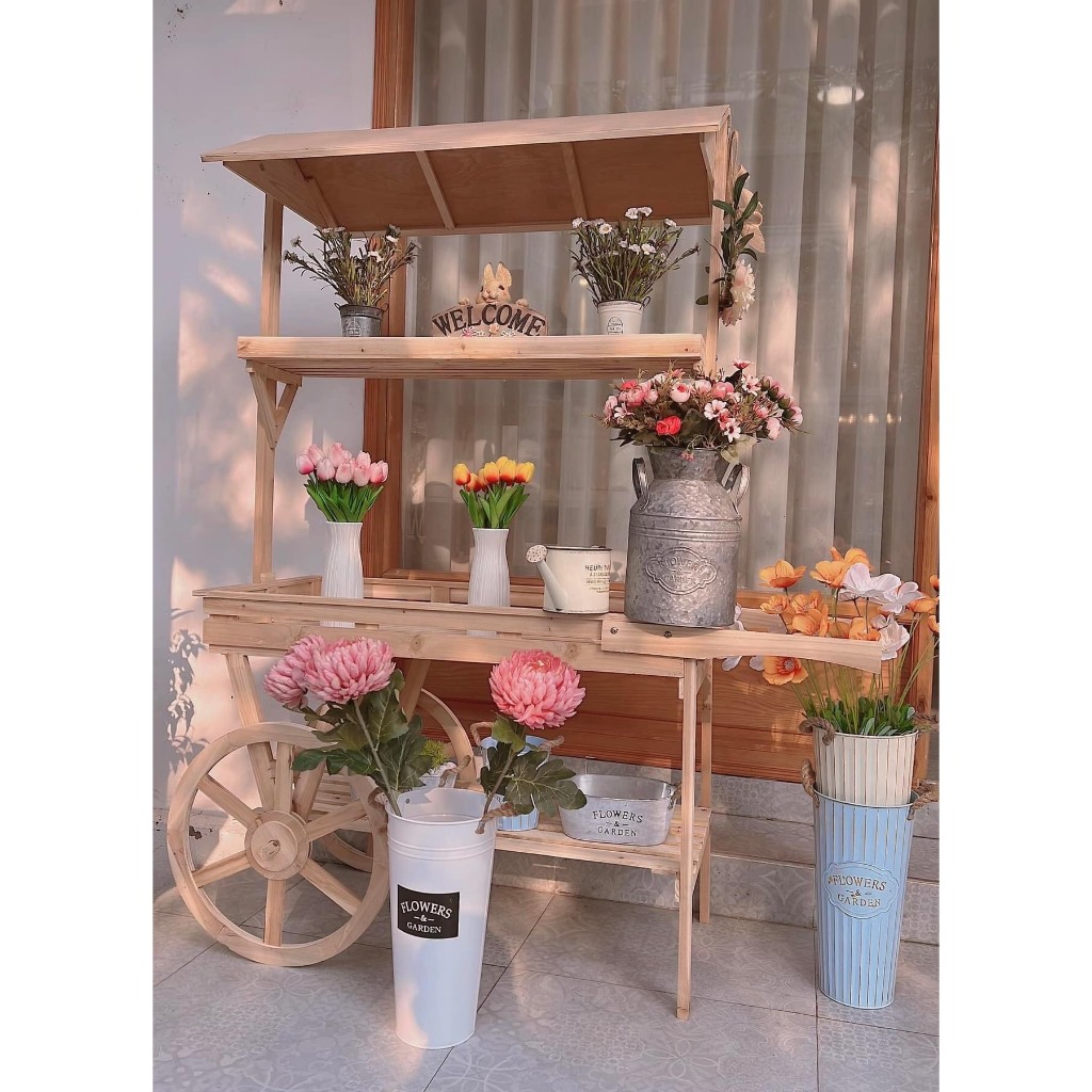 Kệ xe đựng hoa 3 tầng để đồ decor tiệm hoa nhà hàng góc quán, decor sân vườn vintage