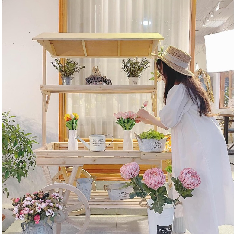 Kệ xe đựng hoa 3 tầng để đồ decor tiệm hoa nhà hàng góc quán, decor sân vườn vintage