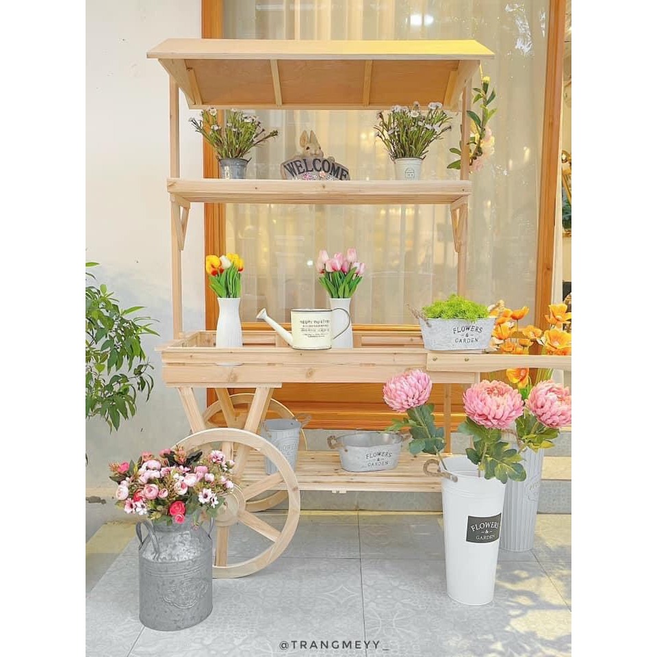 Kệ xe đựng hoa 3 tầng để đồ decor tiệm hoa nhà hàng góc quán, decor sân vườn vintage