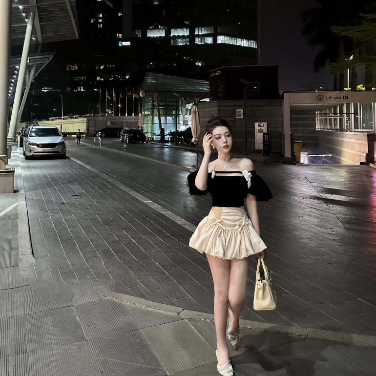 Set áo nhung tay bồng trễ vai nhấn nơ chân váy rút xòe xinh baube