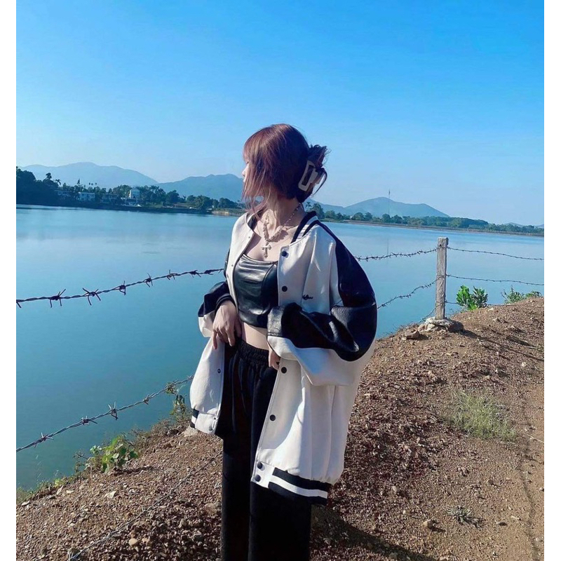 Áo khoác Bomber Da Dáng rộng phối màu trắng đen Unnisex phong cách Hàn Quốc siêu xinh H46.