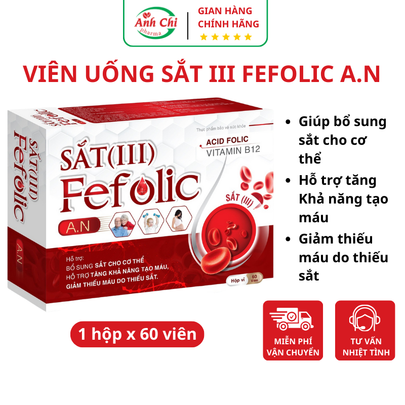Viên uống bổ sung sắt III Fefolic A.N hỗ trợ  giảm thiếu máu do thiếu sắt lọ 60 viên Anh Chi Pharma