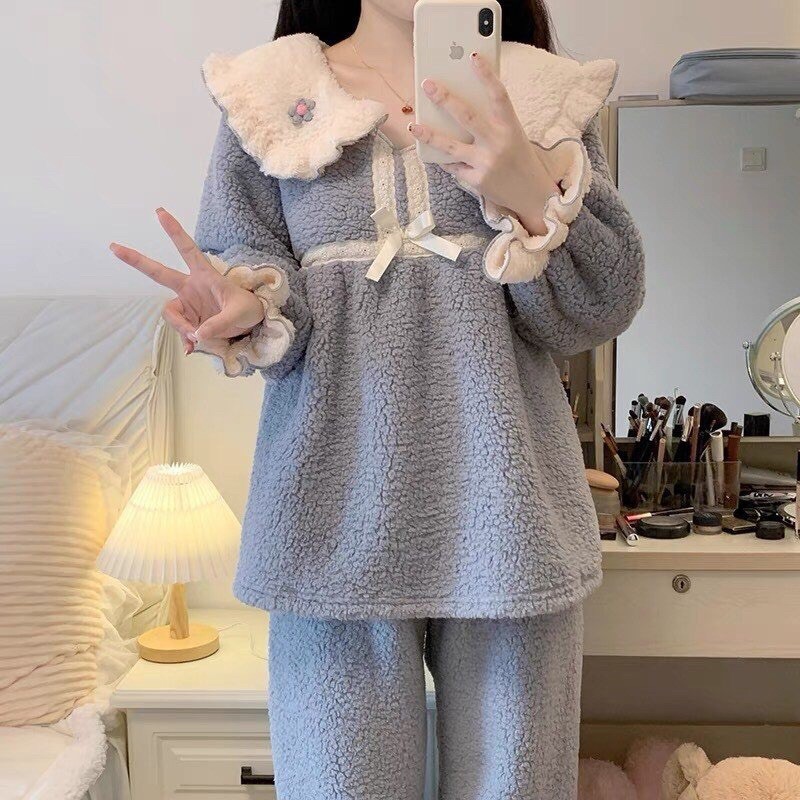 Bộ pyjama đồ ngủ nữ  lông cừu cổ bèo tiểu thư, đính hoa  kiểu dáng hàn quốc , bộ đồ mặc nhà lông ấm áp mùa đông