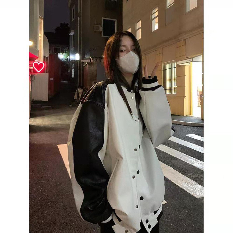 Áo khoác Bomber Da Dáng rộng phối màu trắng đen Unnisex phong cách Hàn Quốc siêu xinh H46.