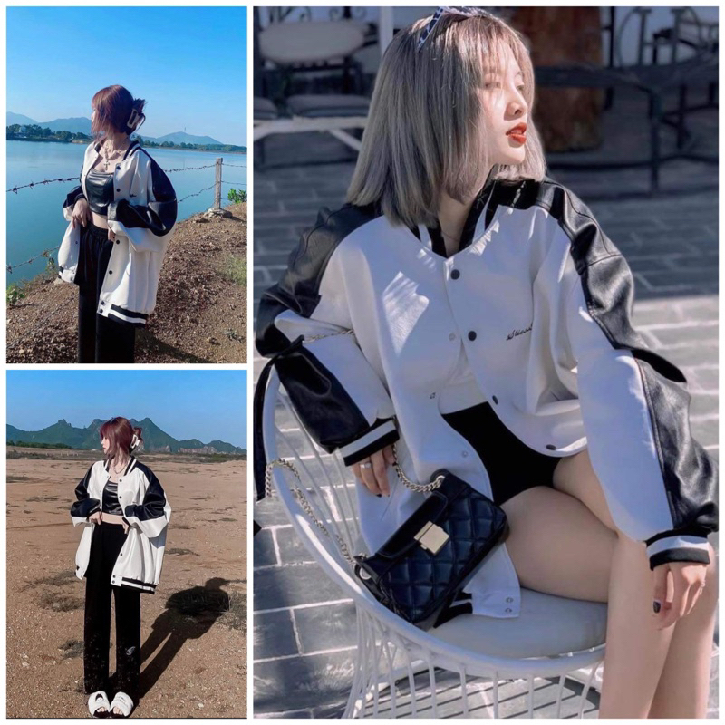 Áo khoác Bomber Da Dáng rộng phối màu trắng đen Unnisex phong cách Hàn Quốc siêu xinh H46.