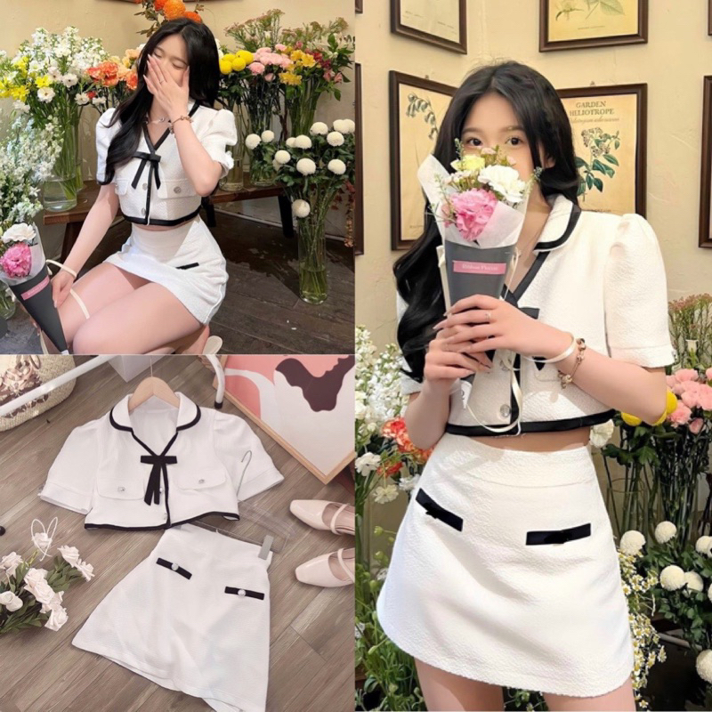 Set áo croptop cổ vuông tay bổng cúp ngực kèm chân váy chữ A cúc ngọc lưng cao chất Tafta nhũ 2 lớp, áo nữ kiểu co mút