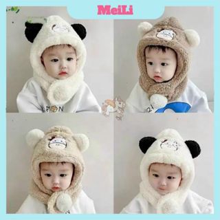 Mũ len mùa đông hình bò sữa - Mũ nón  lông cừu kèm khăn cổ nỉ bông giữ ấm cho bé từ 1-6 tuổi.