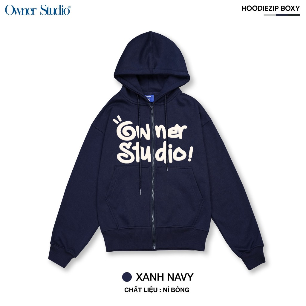 Áo khoác dây kéo khoá Form Boxy IN NỔI TRƯỚC LOGO - Hoodie zip Boxy Nam Nữ Owner