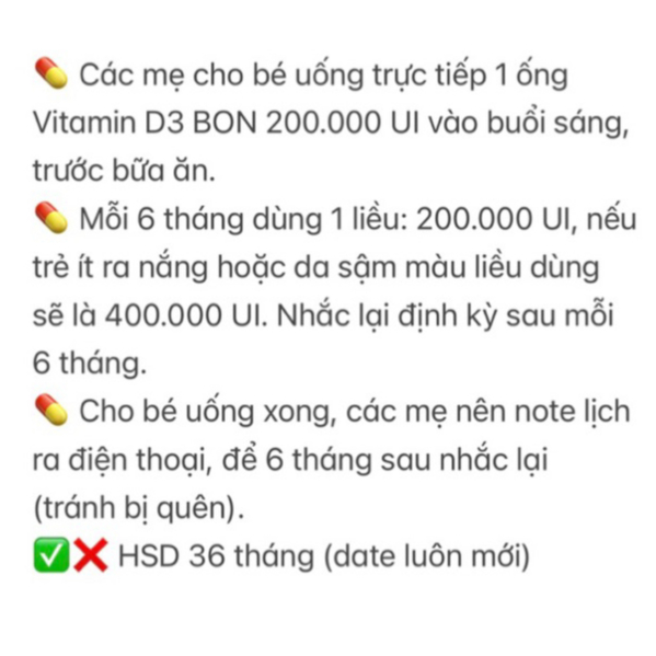 Vitamin D3 BON 200.000 UI, Chống Còi Xương, Giúp Hấp Thụ Canxi Vào Xương, Bổ Sung Canxi Cho Bé, Loại 6 Tháng Dùng 1 Lần