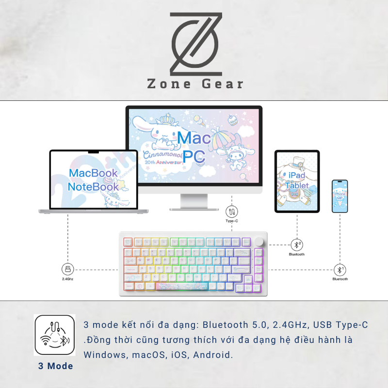 Bàn phím cơ AKKO 5075B Plus Cinnamoroll - layout 75%  - keycap Cinnamoroll phiên bản giới hạn