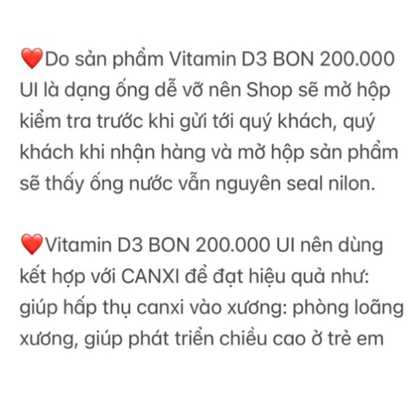 Vitamin D3 BON 200.000 UI, Chống Còi Xương, Giúp Hấp Thụ Canxi Vào Xương, Bổ Sung Canxi Cho Bé, Loại 6 Tháng Dùng 1 Lần