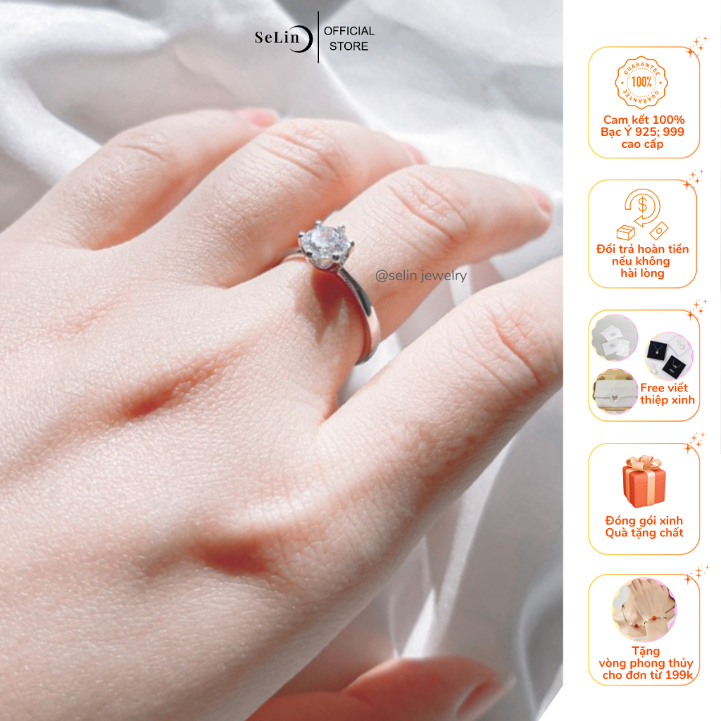 Nhẫn bạc nữ 925 trơn đính đá ổ 4 chấu 6mm đơn giản đẹp cao cấp lấp lánh SELIN JEWELRY - 0020