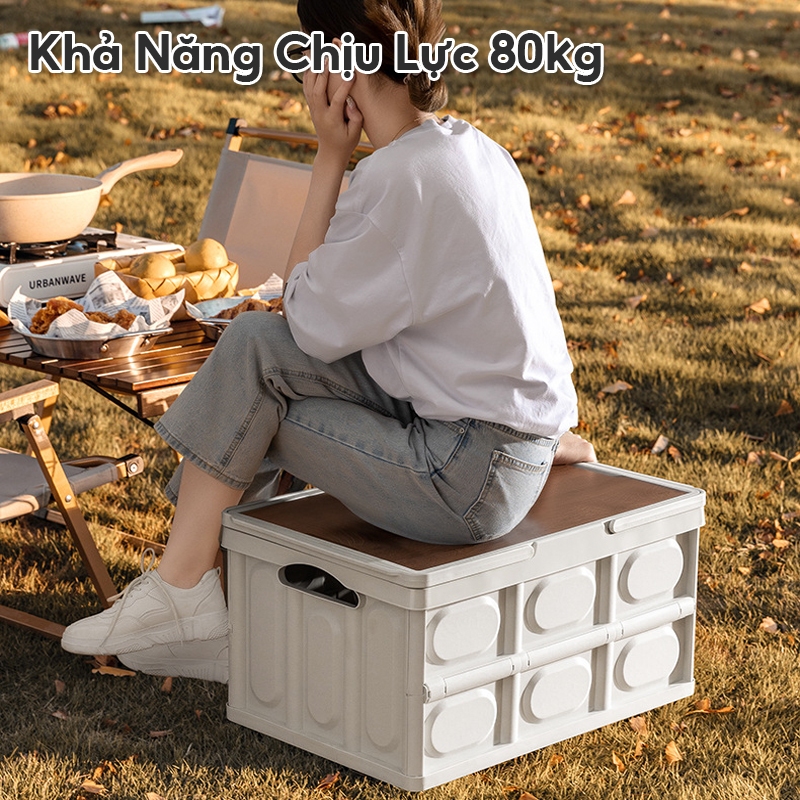 DECROOM Bàn camping gấp gọn kết hợp hộp đựng đồ đa năng bằng nhựa, nắp gỗ MDF để đi cắm trại, dã ngoại