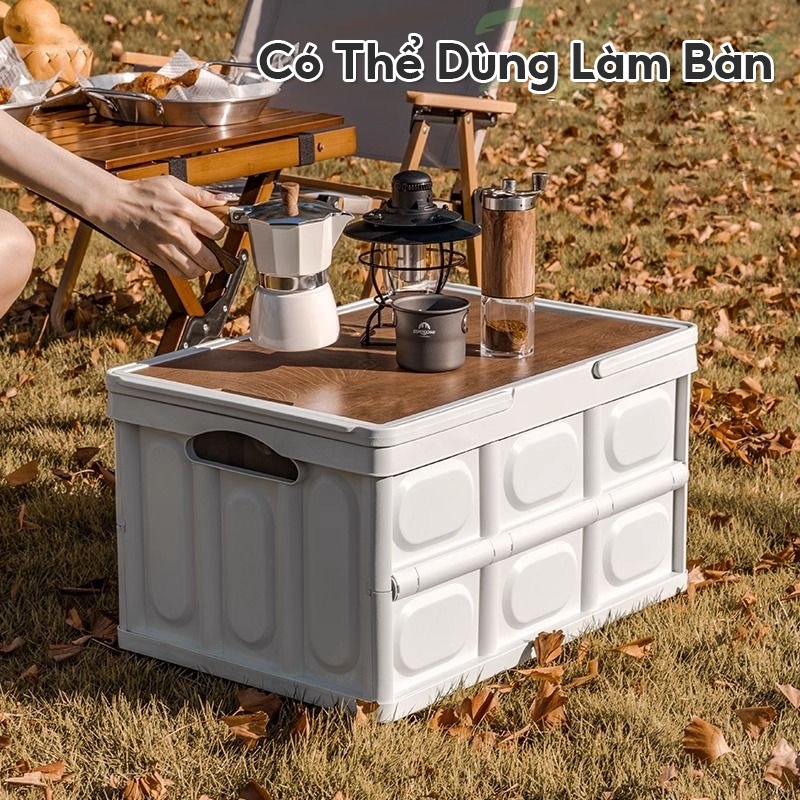 DECROOM Bàn camping gấp gọn kết hợp hộp đựng đồ đa năng bằng nhựa, nắp gỗ MDF để đi cắm trại, dã ngoại