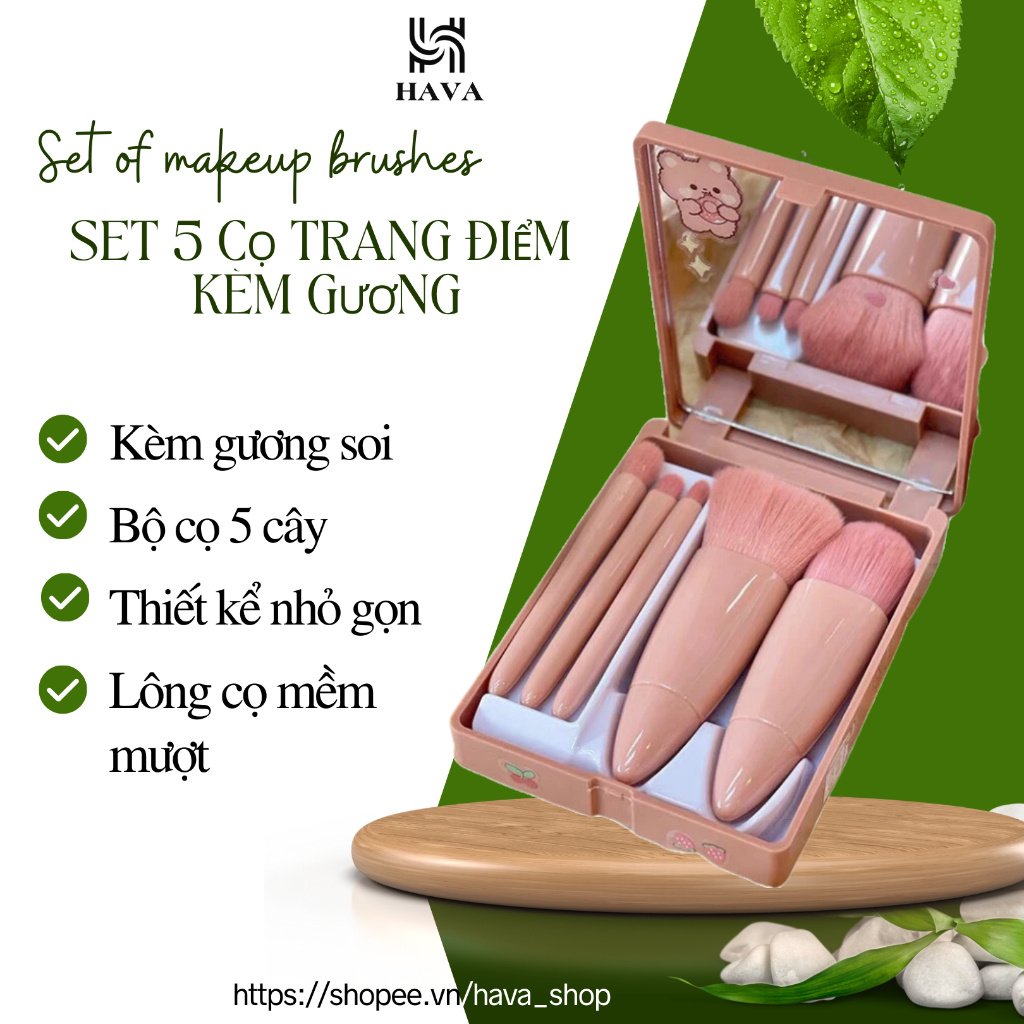 Set cọ trang điểm 5 món kèm gương chuyên nghiệp HAVA SHOP