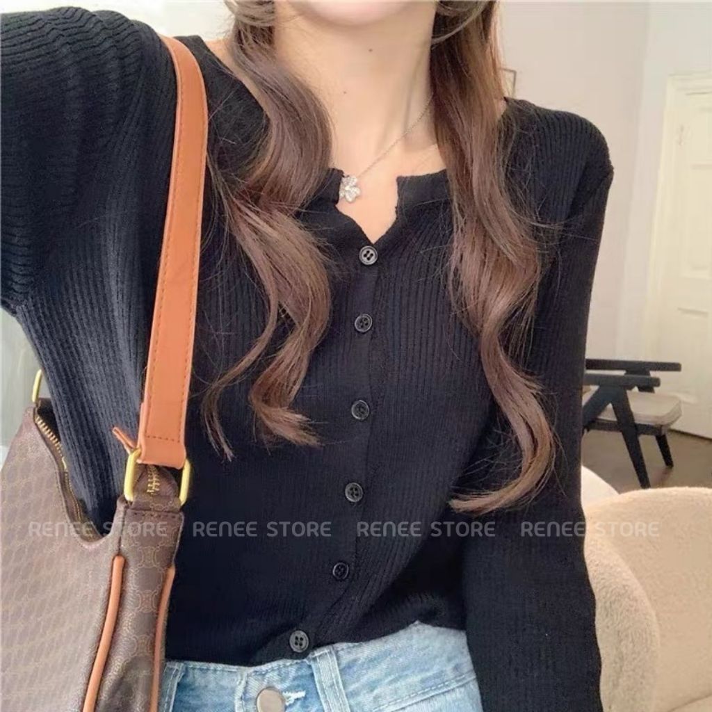 Áo len tăm khuy nhỏ dài tay, Áo khoác cardigan nữ dáng vừa A1142