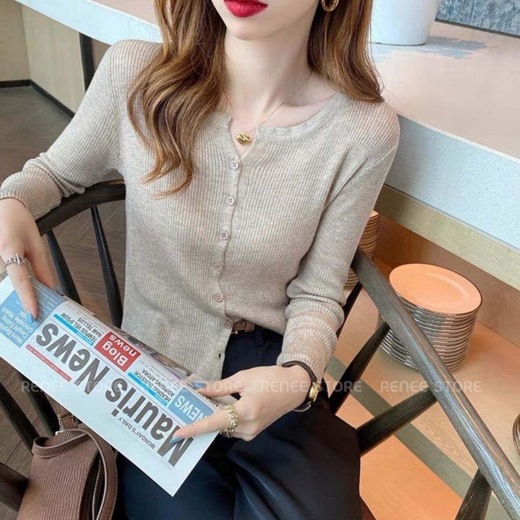 Áo len tăm khuy nhỏ dài tay, Áo khoác cardigan nữ dáng vừa A1142