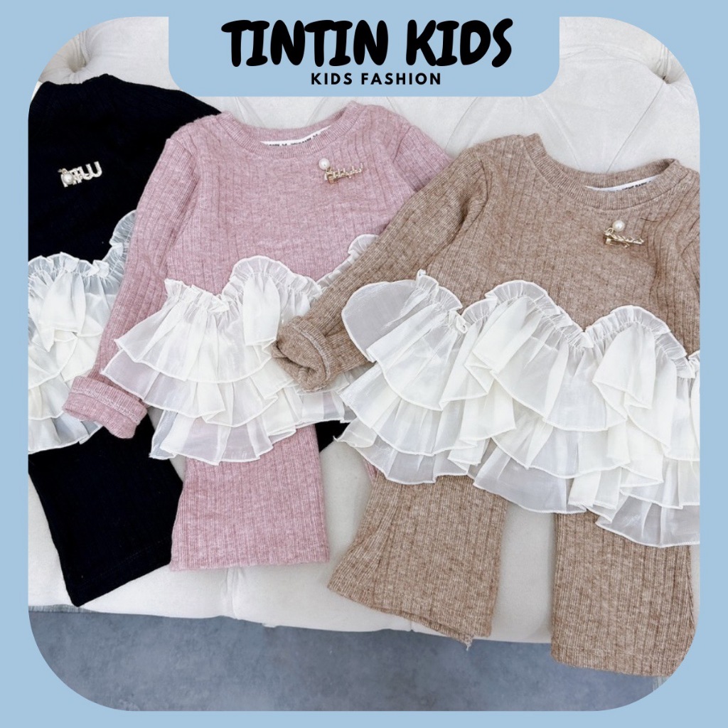 Bộ len lông thỏ phối ren miu miu cho bé gái, bộ đồ cho bé 7-18kg