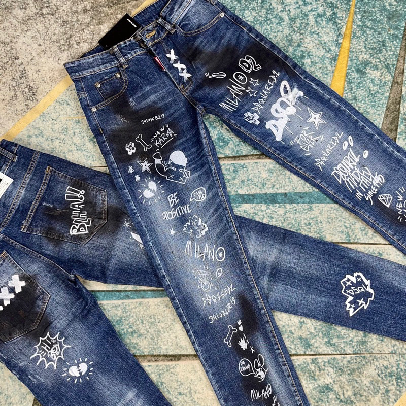 Quần jean dsq2 chữ kí,quần bò dsq2 hoạ tiết chữ kí 2 mặt in logo dsq bản đẹp
