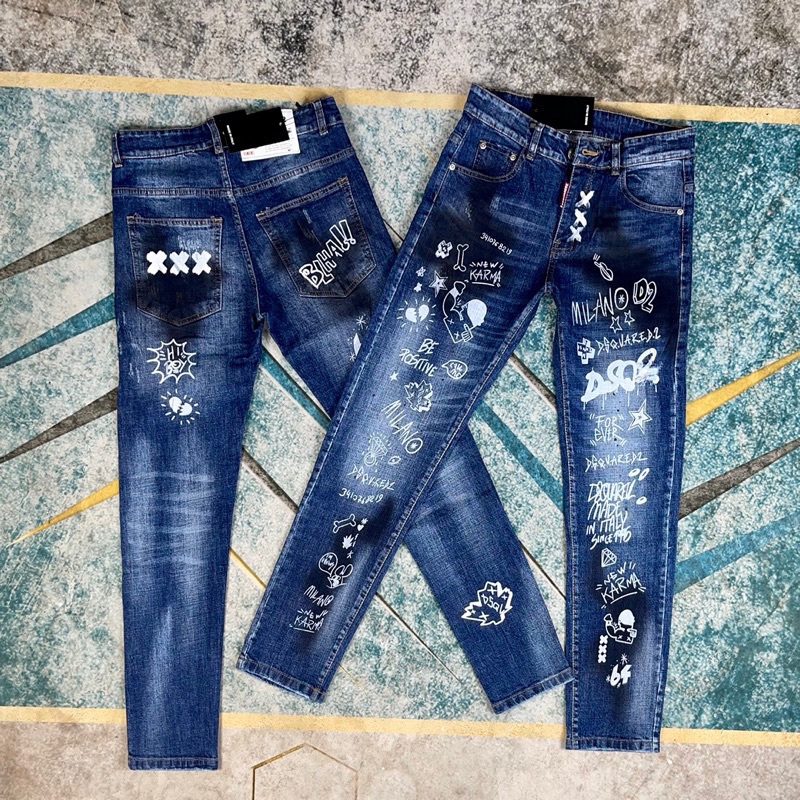 Quần jean dsq2 chữ kí,quần bò dsq2 hoạ tiết chữ kí 2 mặt in logo dsq bản đẹp