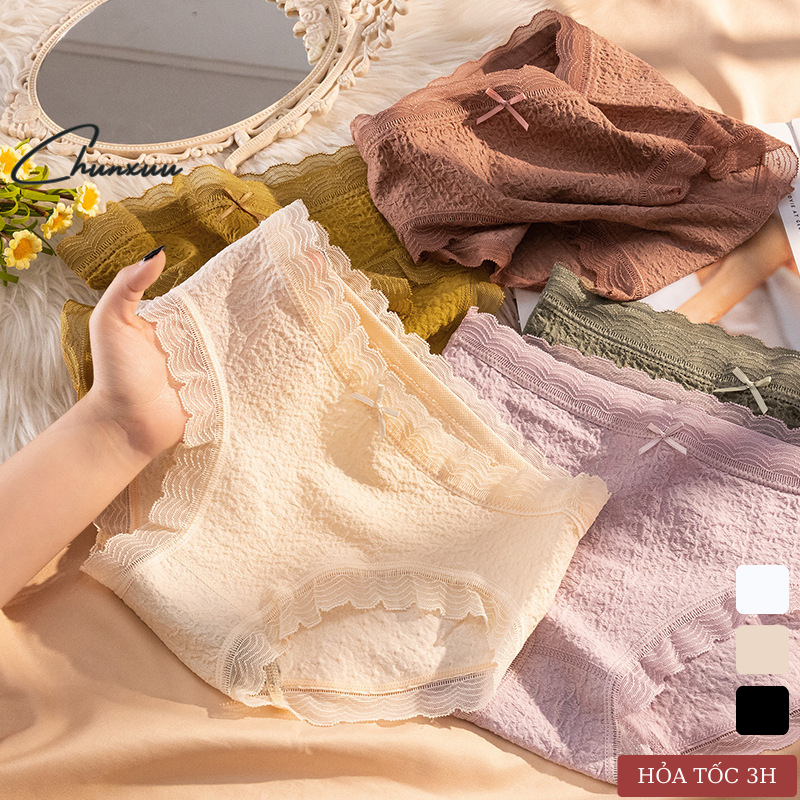Quần lót nữ Cotton mặt nhăn chất liệu cao cấp siêu co dãn thấm hút, phối viền ren - Chunxuu QC20