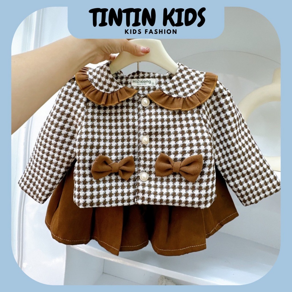 Sét váy dạ kẻ nâu nơ cho bé gái, bộ đồ cho bé 7-17kg cao dưới 4 tuổi 1m