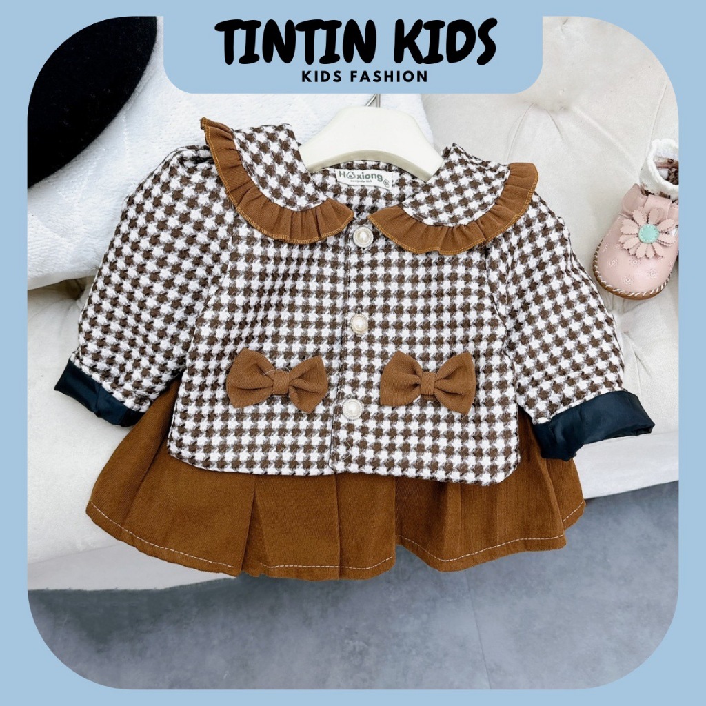 Sét váy dạ kẻ nâu nơ cho bé gái, bộ đồ cho bé 7-17kg cao dưới 4 tuổi 1m