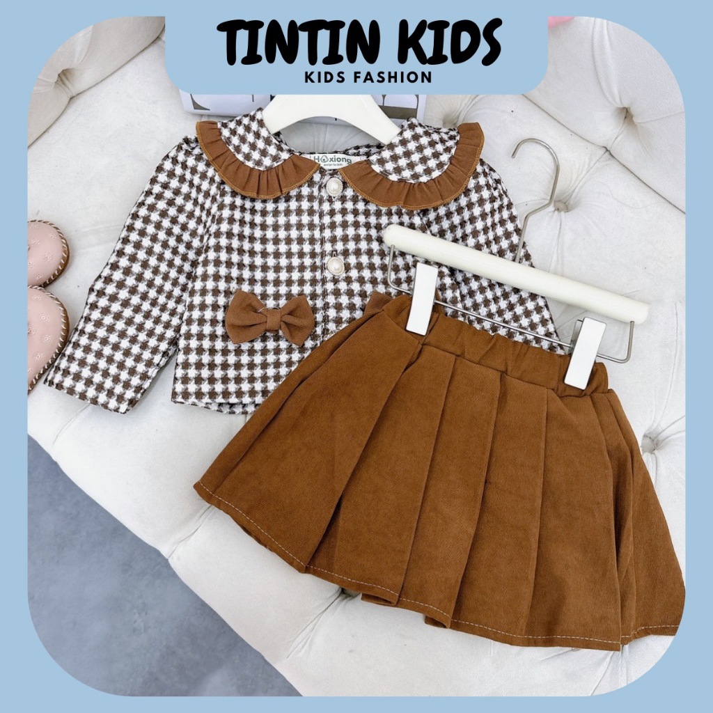 Sét váy dạ kẻ nâu nơ cho bé gái, bộ đồ cho bé 7-17kg cao dưới 4 tuổi 1m