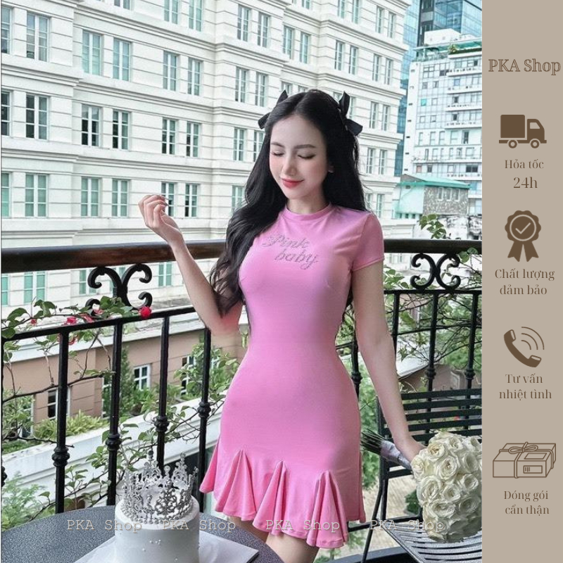 Đầm body nữ đính đá form ôm+xòe đuôi cá/Đầm body nữ tay ngắn cổ tròn đính đá