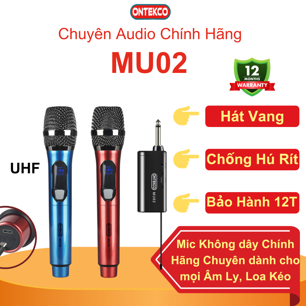 Bộ micro không dây bluetooth PIN SẠC , sóng UHF ONTEKCO MU02 hát karaoke gia đình chuyên nghiệp, Bảo hành 12 tháng