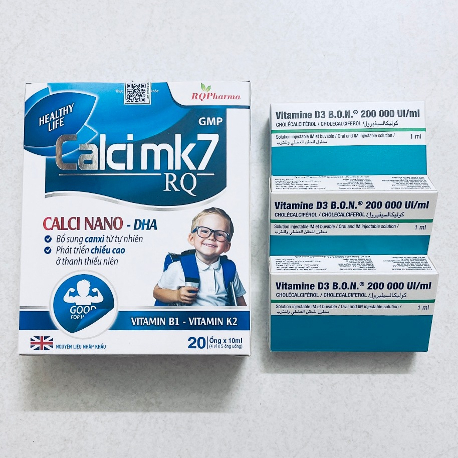 COMBO Vitamin D3 BON 200.000UI + CalciMK7 NANO, DHA, Chống Còi Xương, Giúp Hấp Thụ Canxi Vào Xương, Bổ Sung Canxi Cho Bé