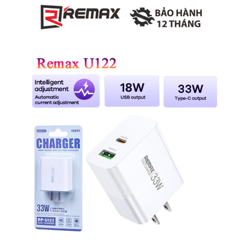 Cốc sạc nhanh đa năng Remax RP-U122 1 cổng USB 1 cổng Type C PD max 33W