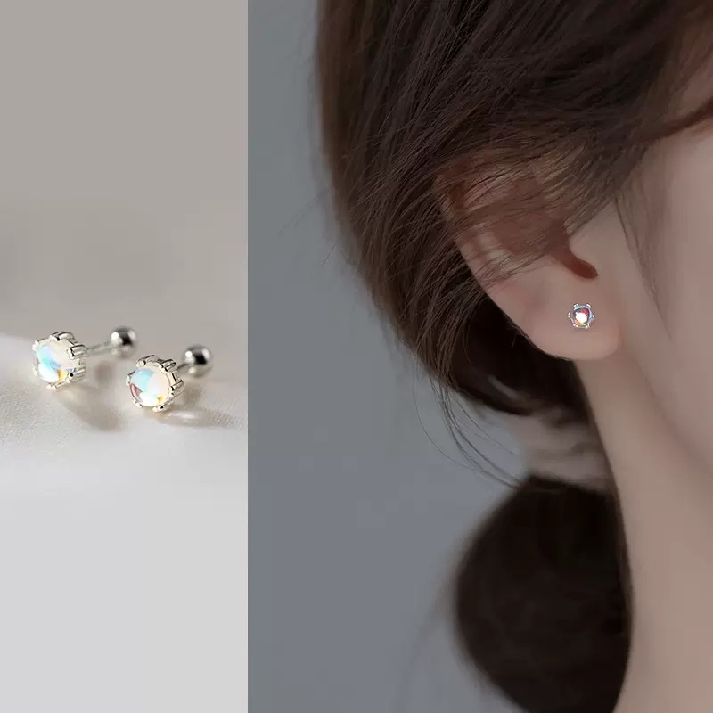 Khuyên tai bạc nữ Phuc Minh Jewelry hạt tròn đá mặt trăng lấp lánh bạc 925 cao cấp chốt vặn