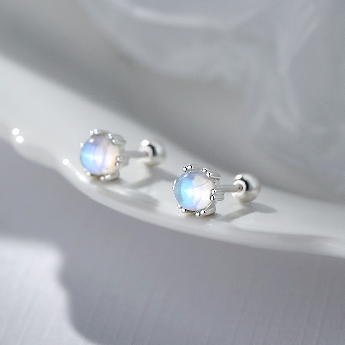 Khuyên tai bạc nữ Phuc Minh Jewelry hạt tròn đá mặt trăng lấp lánh bạc 925 cao cấp chốt vặn