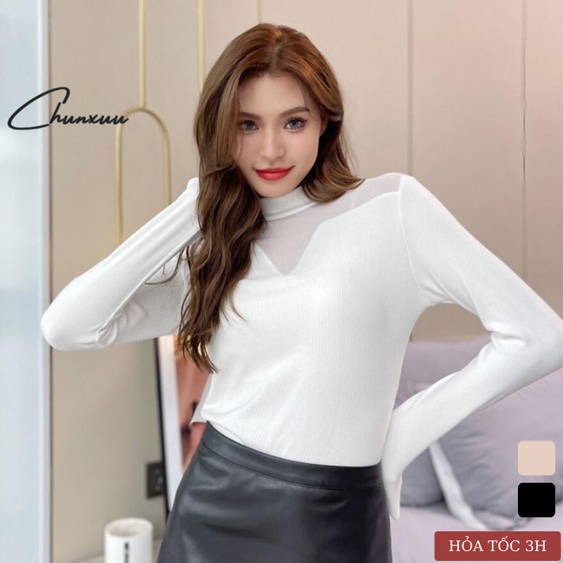 Áo len giữ nhiệt cổ cao 3 phân CHUNXUU vải len tăm mềm mịn co dãn 4 chiều phối ren lưới xẻ cổ V gợi cảm full hộp - AGN02