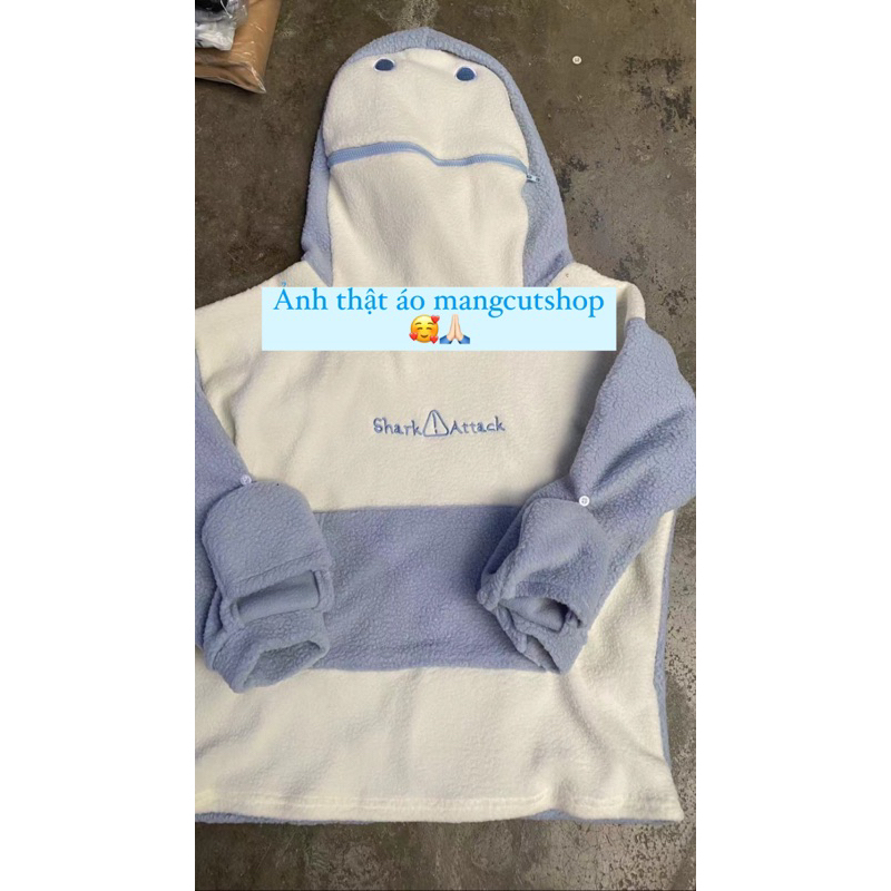 Áo Ngủ Hoodie Bông Hình Cá Mập Khoá Kéo Che Mặt
